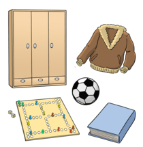 Leichte Sprache: Ein Schlafzimmer-Schrank, ein Ball, ein Pullover, ein Buch und ein Mensch ärger Dich nicht - Spiel. Es sind Sach-Spenden.