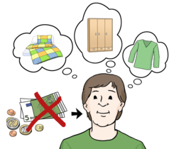 Leichte Sprache: Frau überlegt: Was kann ich spenden. Sie weiß: Dafür gibt es kein Geld.