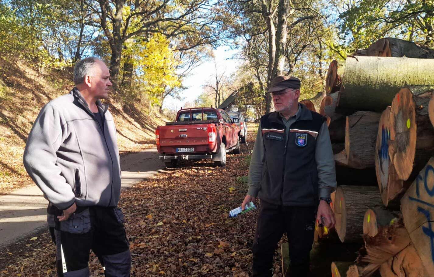 Foto: Förster und Waldarbeiter vor einem Holzstoß