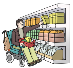 Einfache Sprache: Frau im Rollstuhl nimmt etwas aus dem Regal. Sie kauft ein.