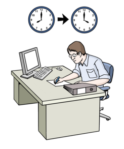 Leichte Sprache: Ein Mann arbeitet den ganzen Tag am Schreibtisch.