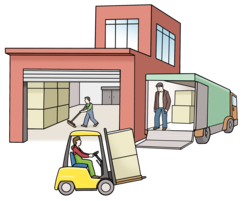 Leichte Sprache: Ein Mann wartet im LKW auf der Laderampe auf die Ladung. Eine Frau im Gabel-Stapler bringt Kisten zum LKW. Ein Mann kehrt die Halle.