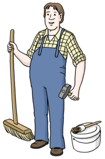 Leichte Sprache: Ein Mann mit Werkzeugen. Er will etwas arbeiten.