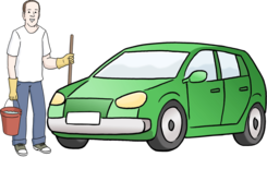 Leichte Sprache: Ein Mann steht mit Putzeimer und Schrubber vor eimen Auto.